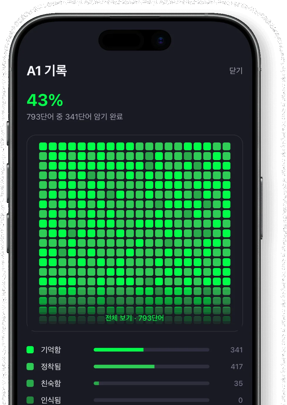 보카톤 A1 기록 화면 — 793단어 중 341단어 암기 완료